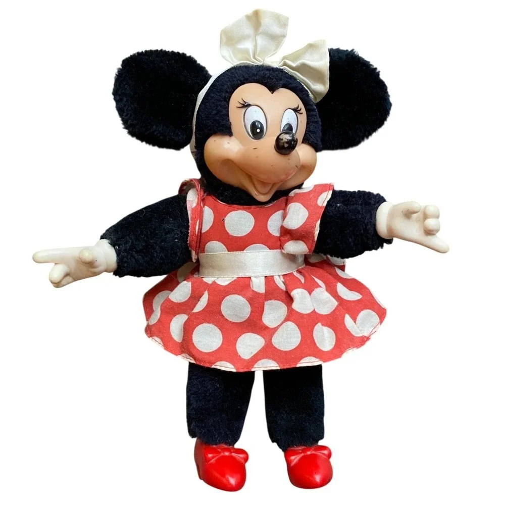 Vintage 1981 Applause Minnie Mouse Plush Doll Vinyl Face Red Polka Dot Dress VTG